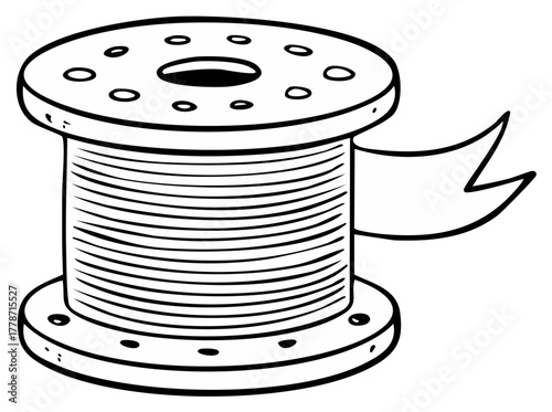 Cartoon spool of thread with ribbon, sewing supply object for crafting projects and design elements, outline