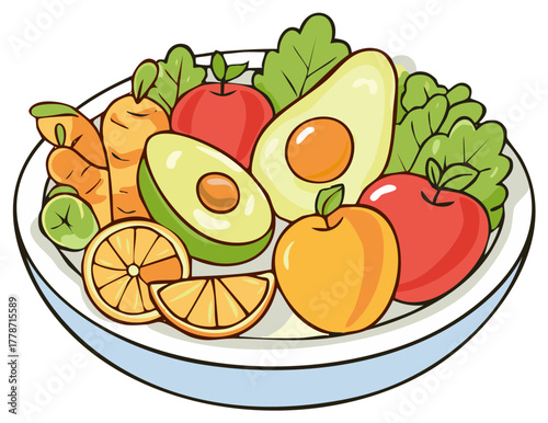 Vibrant cartoon fruit and vegetable salad platter with oranges apples avocados and carrots
