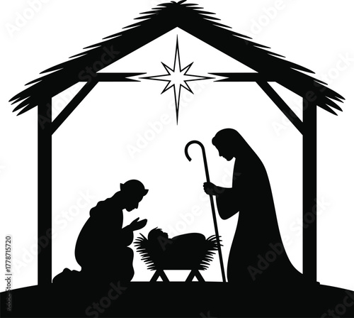 Nativity, silhouette, Christmas, holy, family, manger, baby, Jesus, Mary, Joseph, star, Bethlehem, religious, holiday, festive, spiritual, tradition, design, illustration, art, concept