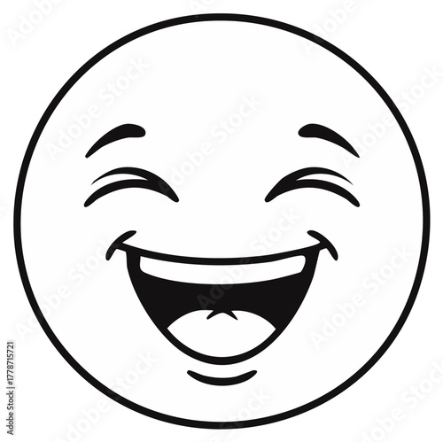 Black and White Illustration of a Joyful Laughing Face with Closed Eyes