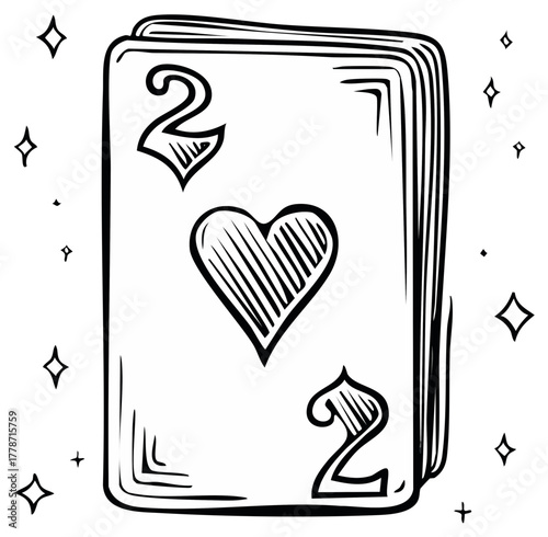 Hand-drawn two of hearts playing card with magic sparkles in a black and white sketch style