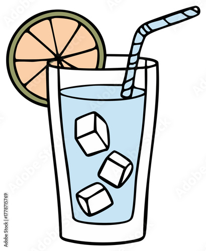 Refreshing beverage with ice cubes and a slice of orange in a tall glass with a straw