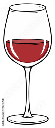 A clear illustration of a wine glass filled with red wine isolated on a white background