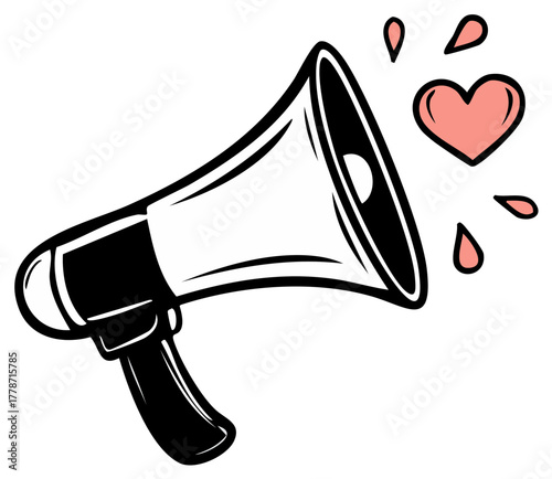 Retro Cartoon Megaphone Announcing Heart Symbol Spreading Love and Positive Message Vector Illustration