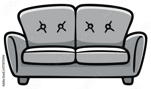 Cartoon Gray Two Seater Sofa Illustration with Tufted Back Design