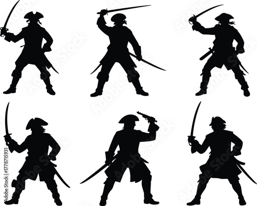 Pirate silhouette collection, swashbuckler figures, adventure artwork, sword pistol design, historical costume icon, nautical outlaw illustration, pirate character template
