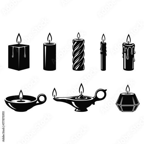 Collection of various candle types and shapes, including pillar, twisted, and oil lamps, in silhouette vector illustration