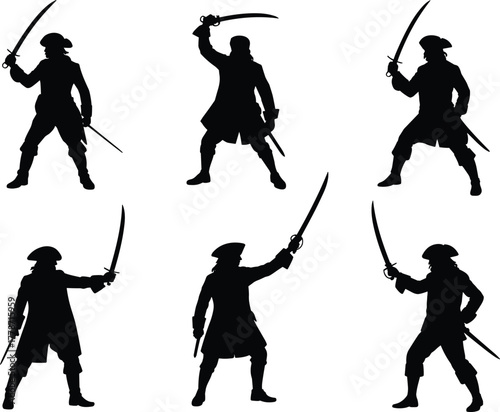 Pirate silhouette collection, naval sword figures, swashbuckler artwork, historical costume design, nautical outlaw icon, adventure character illustration