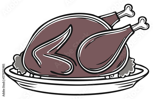 Cooked poultry cartoon drawing on platter, celebration meal concept, Thanksgiving dinner