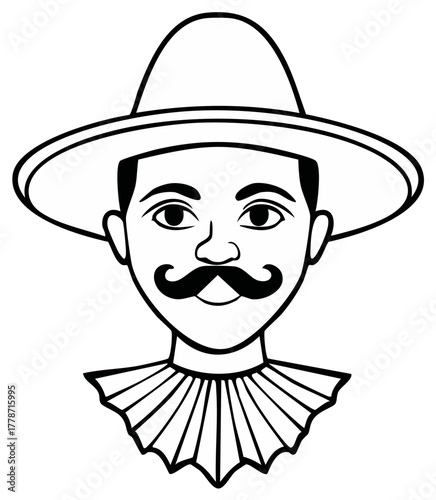 Line art illustration of a man with a mustache wearing a traditional ruff collar and wide brim hat