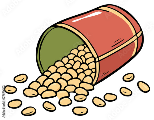 Illustration of spilled tan beans from a tipped over red and green can with outlines