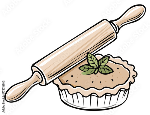 Traditional wooden rolling pin leaning on a delicious homemade pie with a green herb sprig
