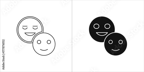 Two smiling faces icon, line and solid style