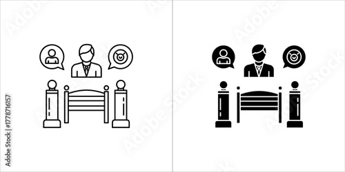 Two icons representing a bed with people and a target, line and filled