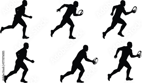Rugby player silhouettes running with ball, dynamic sports action poses, athletic sprint sequence, fitness training, competitive game, teamwork, motion illustration