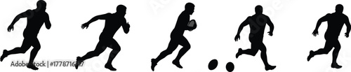 Running athlete silhouette sequence, rugby player holding ball, sports action poses, dynamic motion, fitness training, competitive game, athletic movement, teamwork
