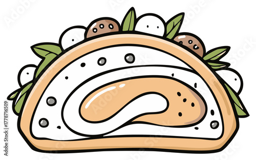 Savory roulade slice with mushroom and mozzarella cheese topping cartoon illustration