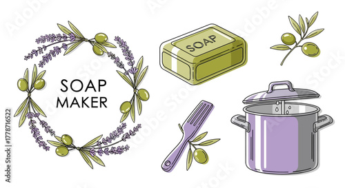 Elegant soap making vector elements with botanical wreath, soap bar, and boiler for craft soap branding