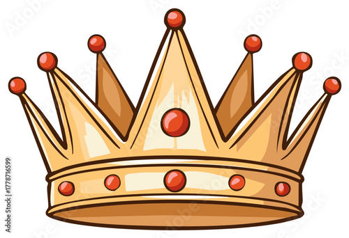 Golden cartoon crown with red jewels isolated on white background