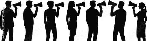 Silhouette, people, megaphone, communication, teamwork, message, spread, influence, business, corporate, group, speaking, announcement, protest, marketing, design