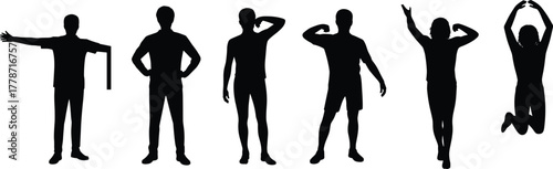 Silhouette, people, posture, gesture, body, movement, standing, jumping, pose, fitness, exercise, lifestyle, activity, design, illustration, art, concept, reference, study, communication, expression