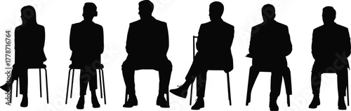 Silhouette, people, sitting, chairs, posture, business, professional, formal, meeting, office, workplace, body, language, seated, figure, design, illustration, art, concept, reference, study