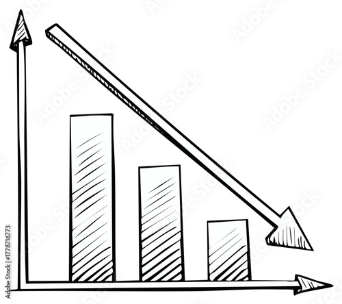 Hand drawn sketch of a decreasing bar chart with a downward arrow representing financial loss and recession