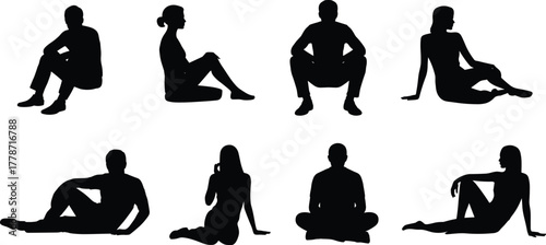 Silhouette, people, sitting, poses, cross-legged, meditation, yoga, posture, body, language, casual, relaxed, seated, figure, male, female, lifestyle, design, illustration, drawing, reference