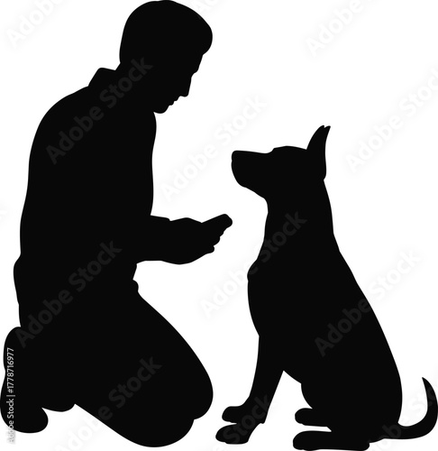 Silhouette, person, dog, training, pet, companionship, friendship, loyalty, obedience, lifestyle, animal, bond, sitting, kneeling, interaction, design, illustration, art, concept, relationship