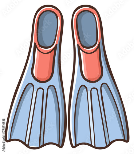 Cartoon illustration of blue and coral swimming fins for diving snorkeling and water sports vacation