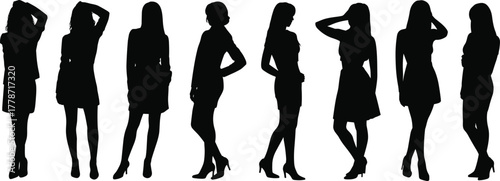 Silhouette, women, standing, posture, fashion, dress, heels, model, figure, style, body, language, design, illustration, art, stance, outline, concept, reference, elegance, study