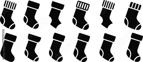 Sock silhouette collection, festive holiday design, patterned sock artwork, decorative winter icon, fashion accessory illustration, seasonal template, quirky footwear graphic