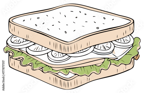 Appetizing layered sandwich with fresh lettuce and sliced ingredients cartoon graphic design element