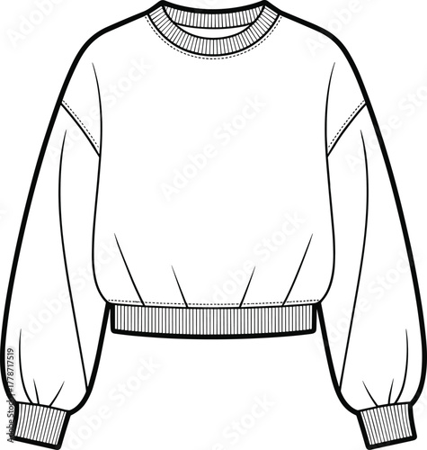 Sweatshirt flat sketch, long sleeve crewneck, fashion technical drawing, apparel design template, casual clothing illustration, ribbed cuff garment
