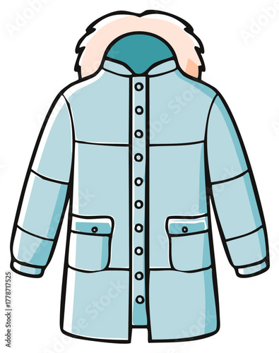 Cartoon illustration of a light blue winter parka with a fur hood