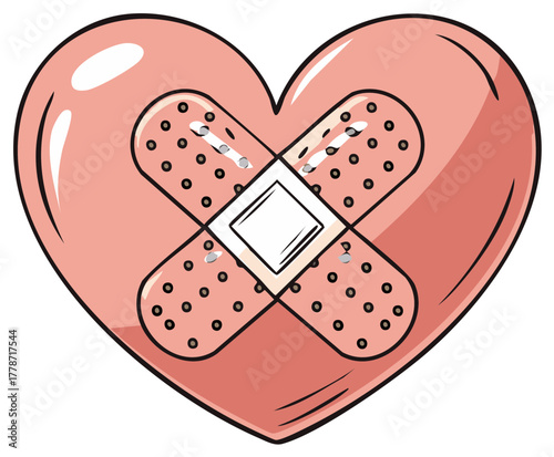Heart with bandage graphic. Concept of healing and care. Cartoon illustration.
