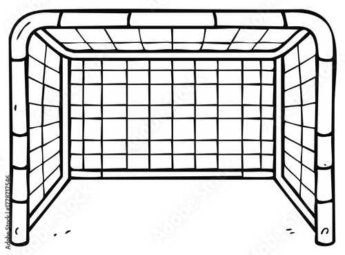 Cartoon drawing of a soccer goal with netting, posts, and crossbar outlined in black ink, sports equipment illustration