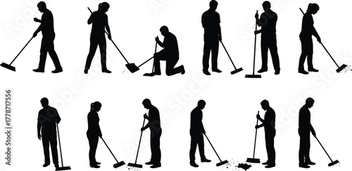 Sweeping worker silhouettes with broom, janitor cleaning poses, hygiene maintenance illustration, occupational duties artwork, sanitation concept, workplace service vector design