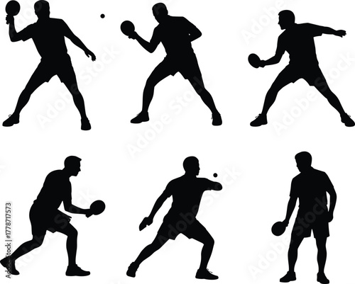 Table tennis silhouettes, ping pong players, paddle sport action, competitive match poses, athlete training, racket game, serve, smash, spin, recreation, fitness