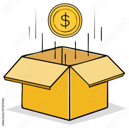 Gold Dollar Coin Falling Into Open Cardboard Box with Stylized Lines