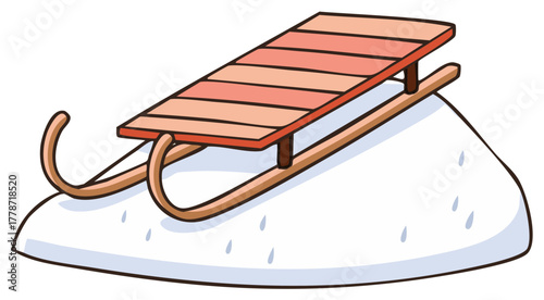Classic wooden runner sled sitting on a snowy hill cartoon illustration
