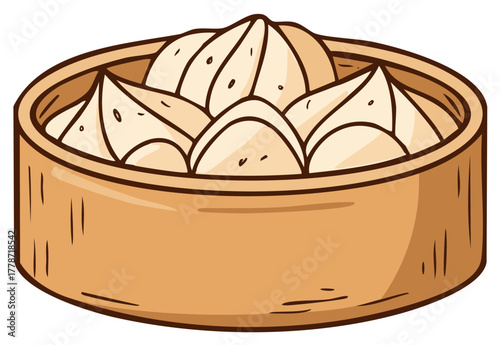 Cartoon illustration of traditional Chinese steamed dumplings or bao buns in a bamboo steamer basket