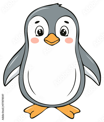 Adorable baby penguin cartoon character with big eyes and rosy cheeks standing