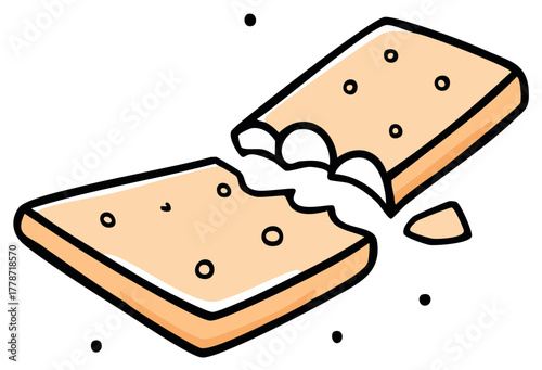 Hand drawn doodle of a savory cracker or biscuit broken in half with crumbs. Simple snack food illustration.
