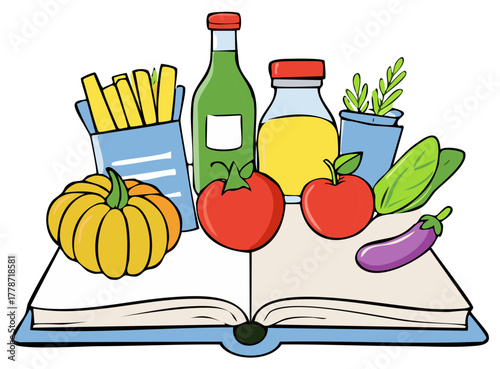Cartoon Cookbook with Vegetables and Fruits Open Book French Fries Green Bottle Yellow Juice Education