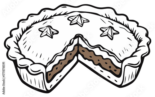 Hand drawn illustration of a pie with a slice removed revealing layers of filling and a flaky crust adorned with star cutouts