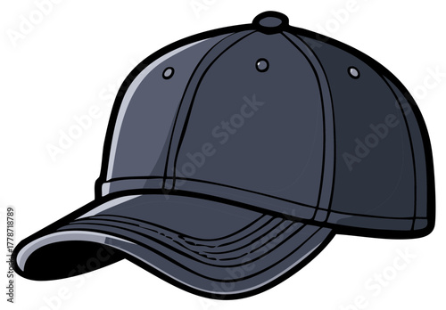Stylish dark grey baseball cap with a classic curved brim and detailed stitching, perfect for casual wear vector illustration.