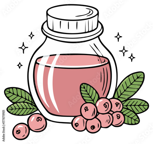 Sparkling glass bottle of cranberry juice or berry tincture with leaves cartoon illustration