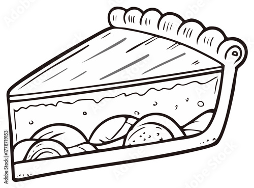 Black and white illustration of a slice of pie with filling