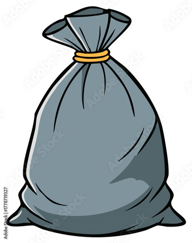 Cartoon gray trash bag securely tied at the top representing waste disposal and recycling concepts